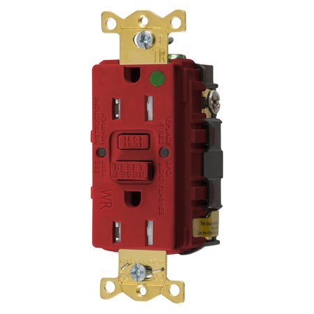 BRYANT GFCI Receptacle, Self Test, Tamper and Wther Restnt, 15A 125V, 2-Pole 3- Wire Grounding, 5-15R, Red GFST82RTR